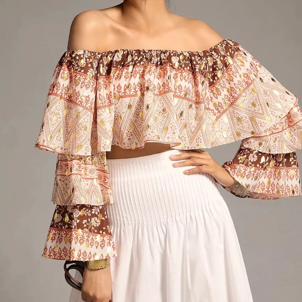 Anthropologie Off-Shoulder Blouse in Brown and Cream